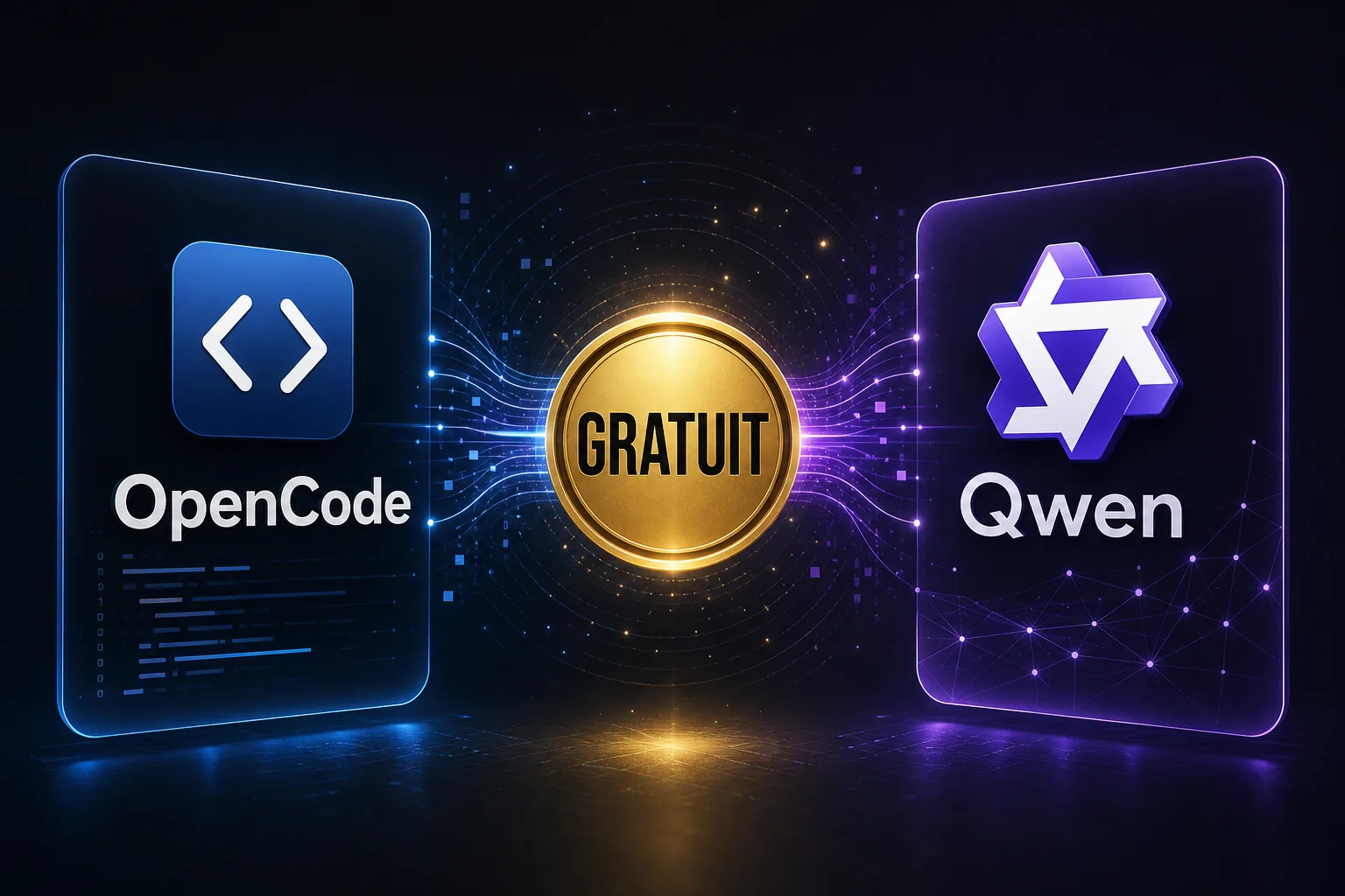 Cartes OpenCode et Qwen reliées par un flux de données avec un badge Gratuit