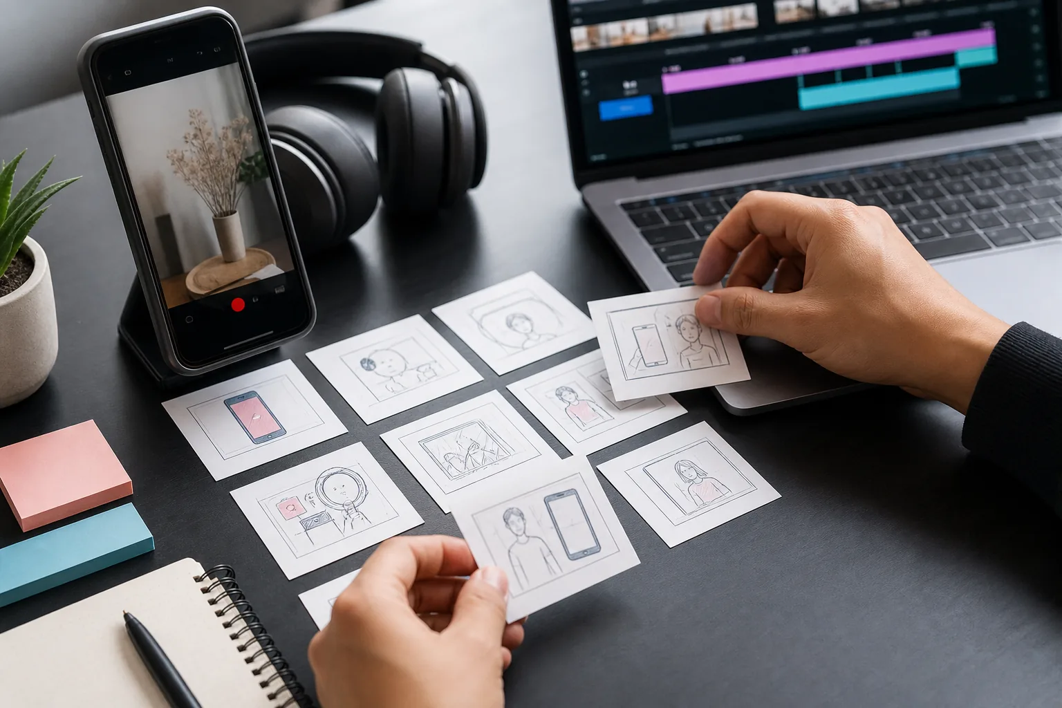 Storyboard vertical avec séquences de vidéo courte, sous-titres et rythme de montage
