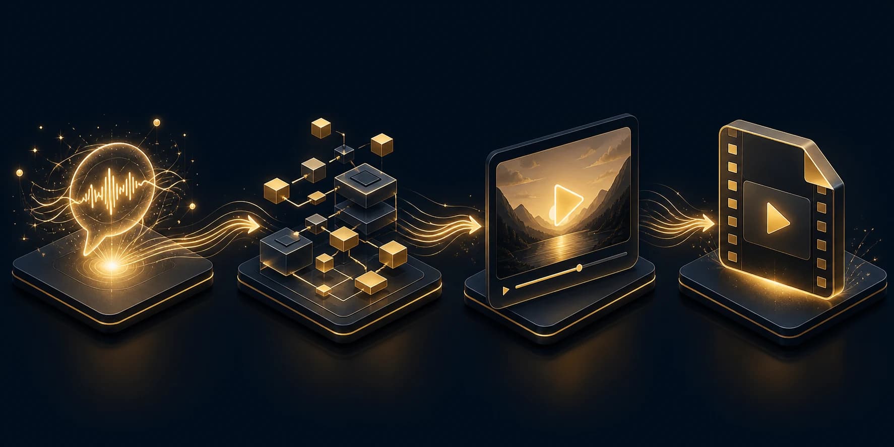 Flux visuel allant d’une idée à du code, un aperçu vidéo puis un fichier média rendu