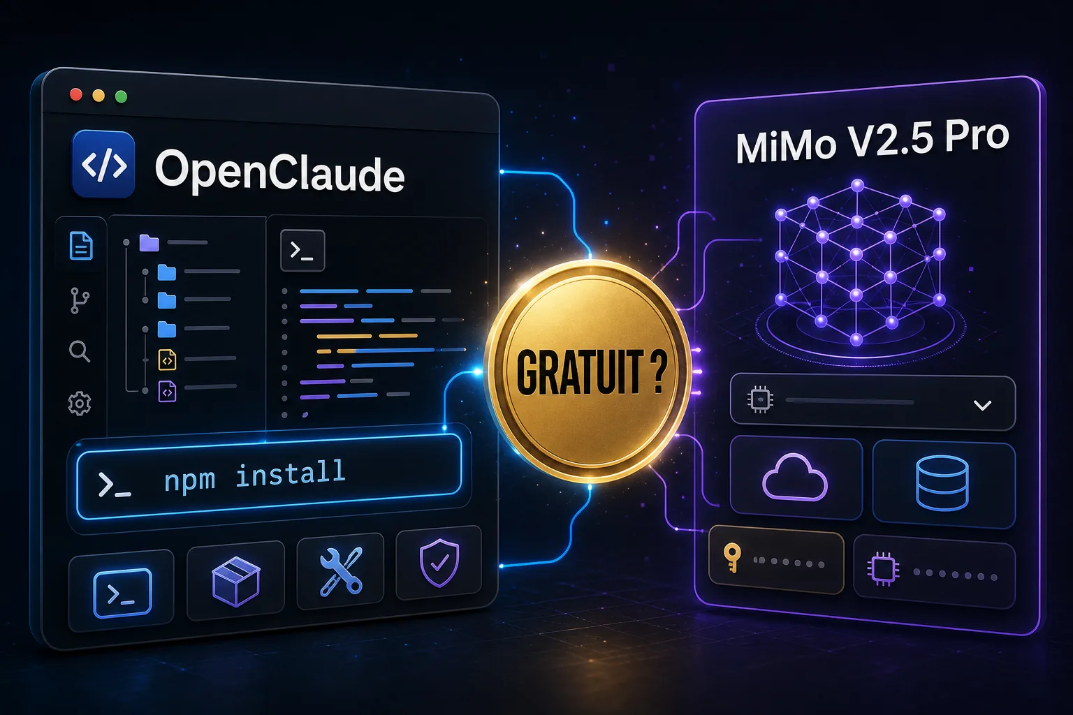 Interface OpenClaude connectée à MiMo V2.5 Pro avec badge gratuit et flux de commandes