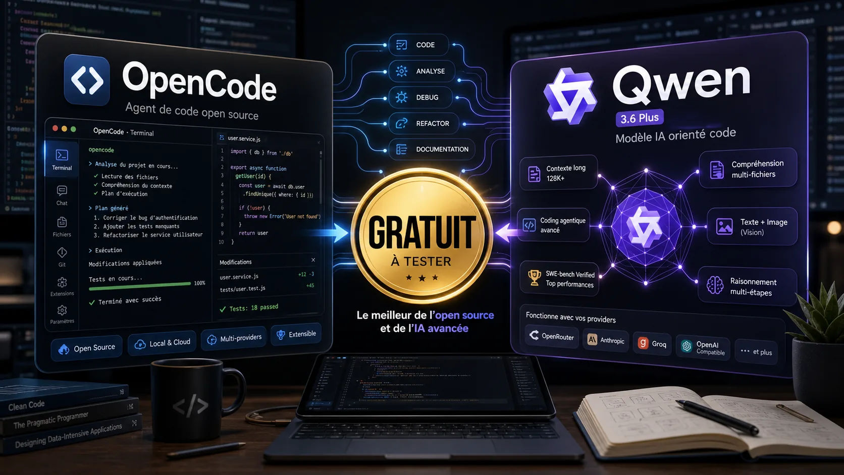 Illustration OpenCode et Qwen 3.6 Plus gratuit