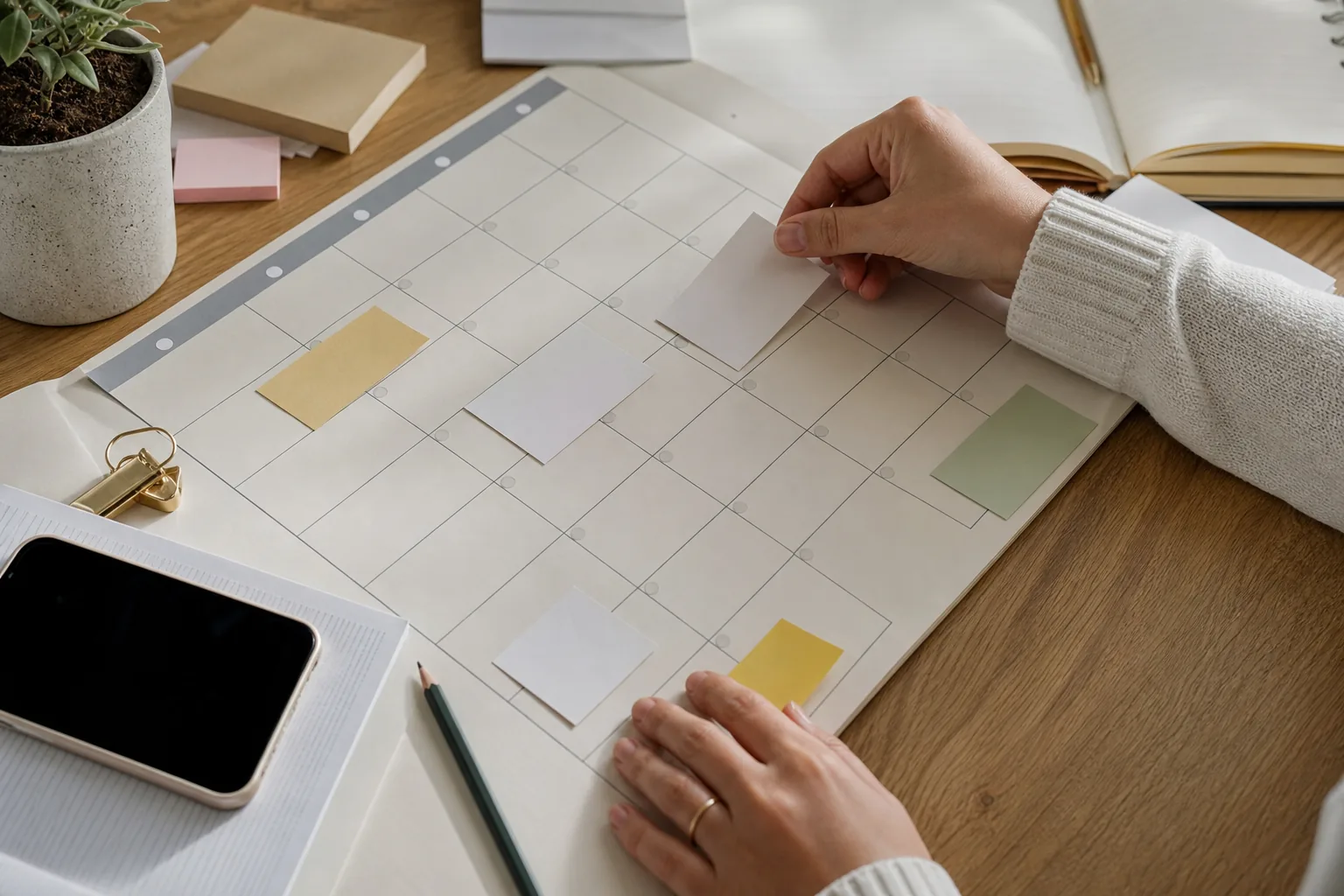 Table éditoriale avec notes, calendrier de contenu et repères de publication